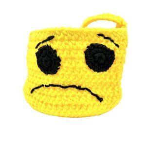 Handmade Yellow Crochet Basket With Sad Face Design & Handle Halloween Treat